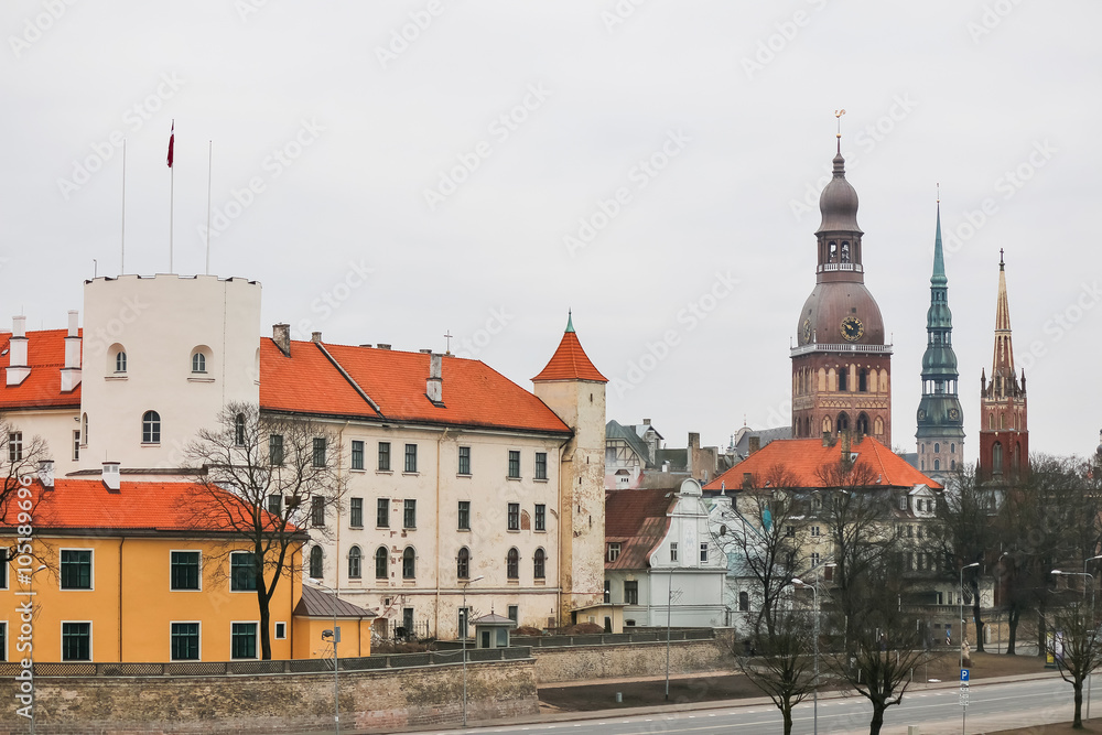 Fototapeta premium Riga Old Town panorama at dusk over Daugava river