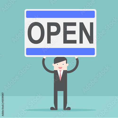 Businessman show open sign Flat design for business financial marketing banking advertising commercial event web minimal concept cartoon illustration.