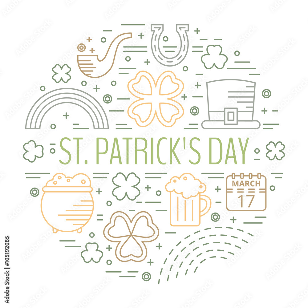 Naklejka premium St. Patricks day colorful line icons set.