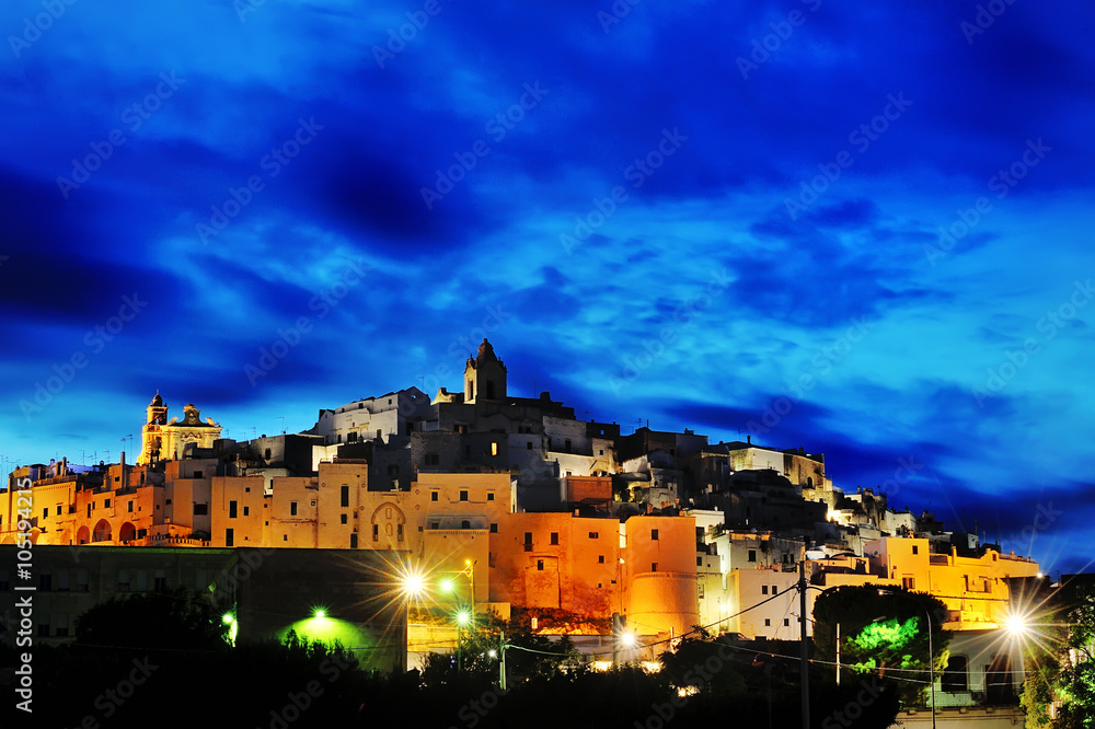 Ostuni panoramic view at blue hour, Italy, Europe