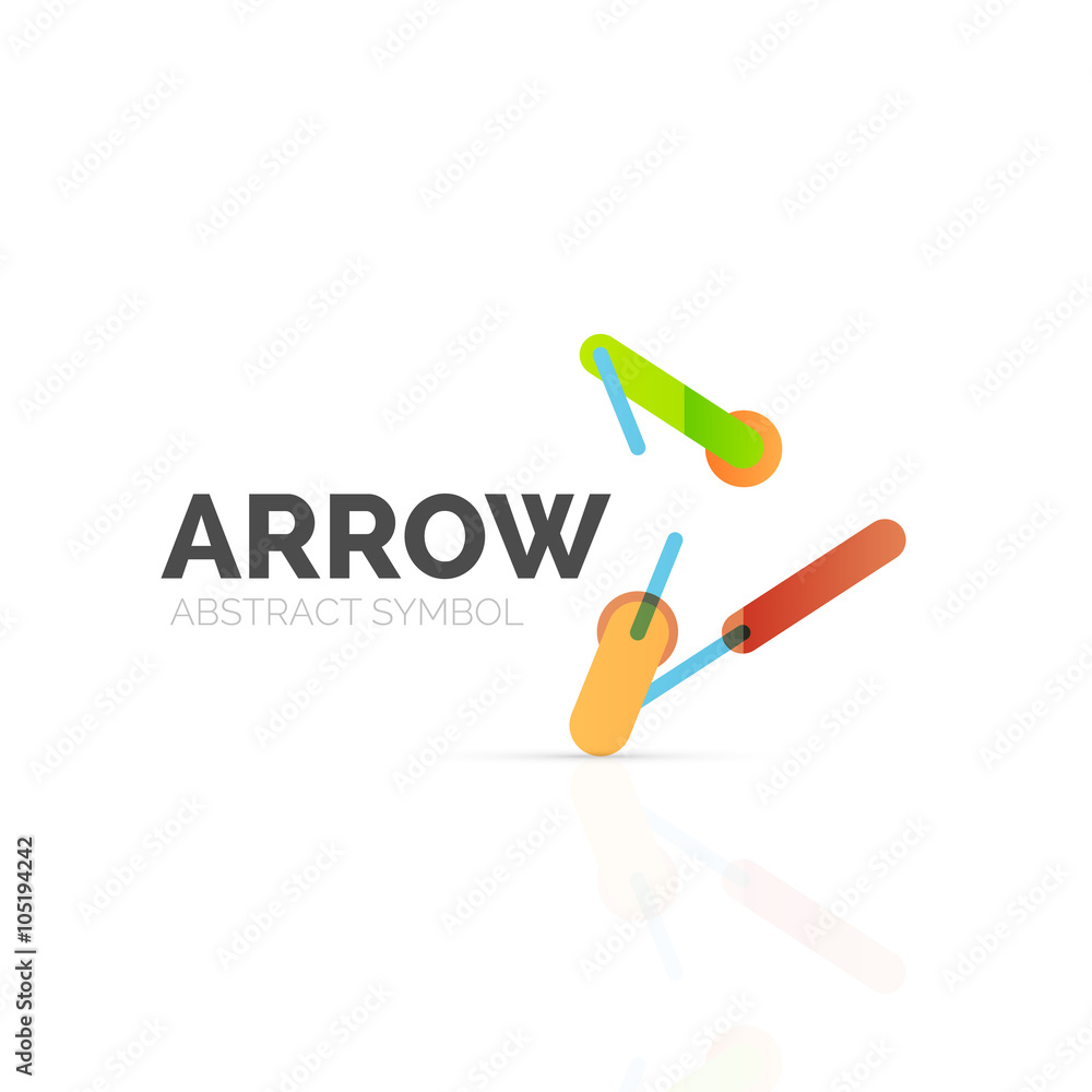Linear arrow abstract logo, connected multicolored segments of lines in directional pointer figure Linear arrow abstract logo, connected multicolored segments of lines in directional pointer figure
