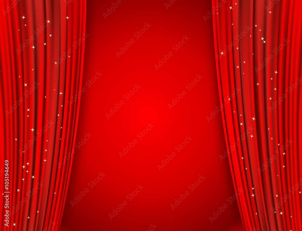 Naklejka premium red curtains on red background with glittering stars