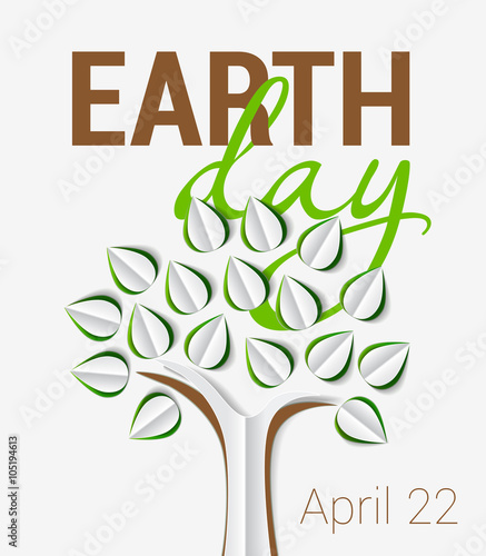 Earth Day greeting with tree made of paper with shadow. Vector