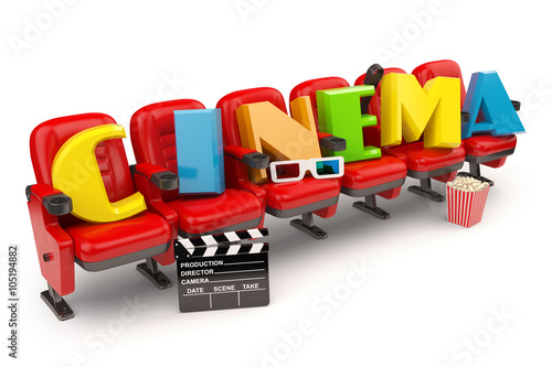 Canvas Print Cinema, movie or video concept. Row of seats with popcorm, glass