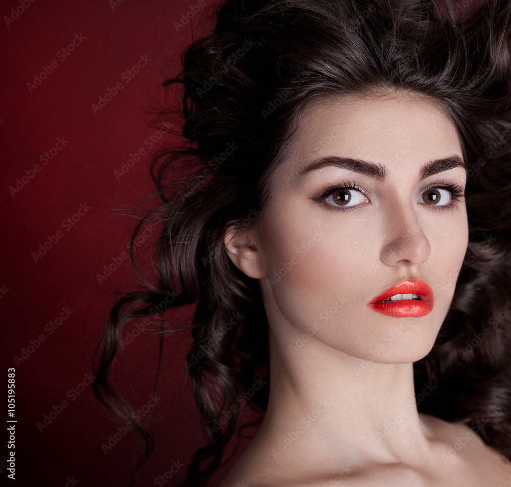 Fototapeta premium Alyona, smiling face with brown eyes, red background!