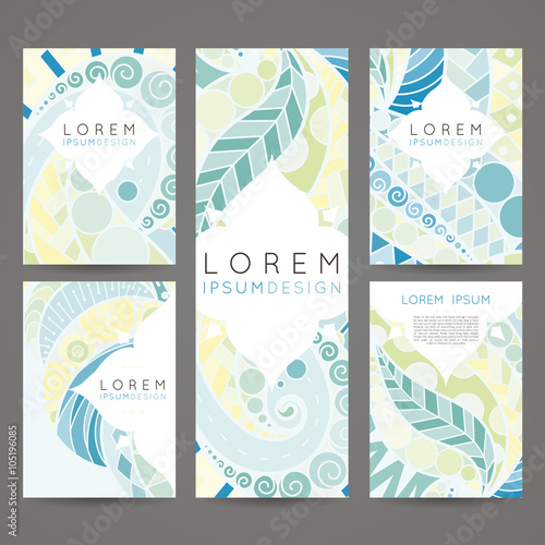 Set of vector design templates. Brochures in random colorful style. Vintage frames and backgrounds.