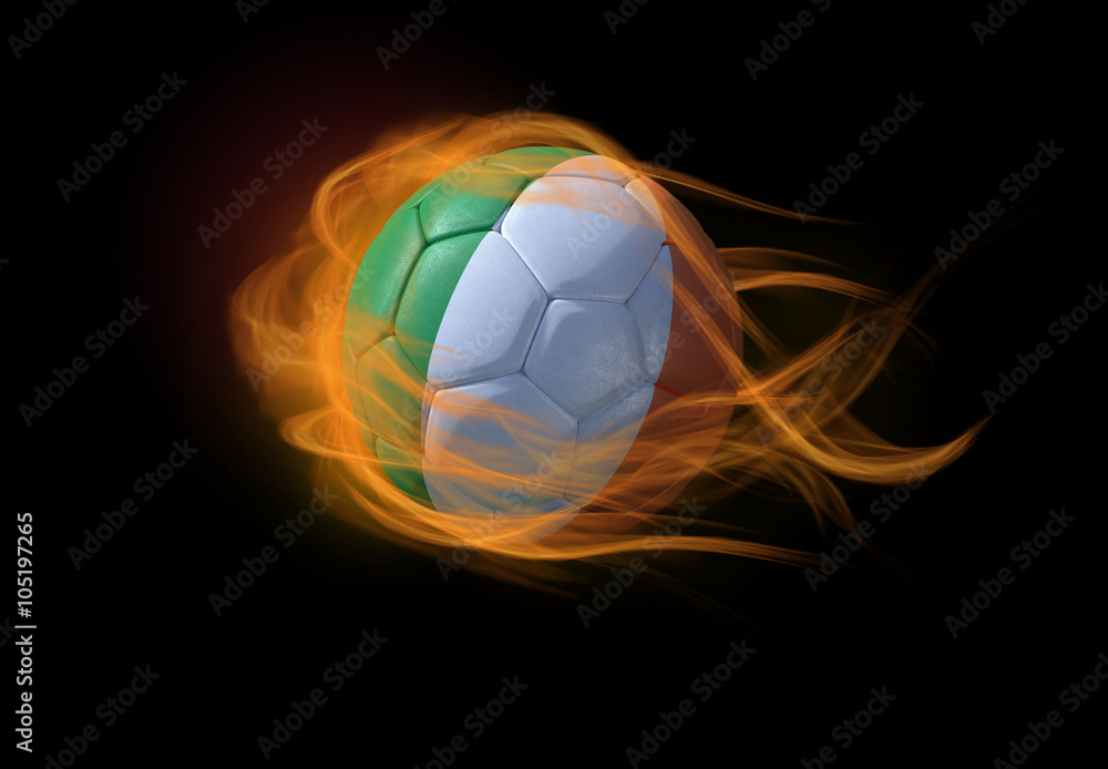 Naklejka premium Soccer ball with the national flag of Ireland, making a flame.