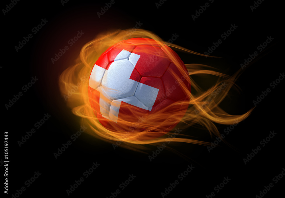 Naklejka premium Soccer ball with the national flag of Switzerland, making a flame.