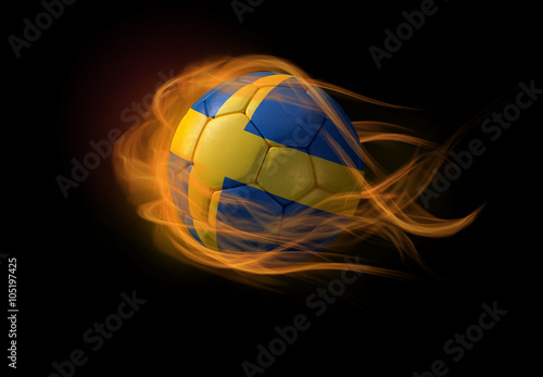Soccer ball with the national flag of Sweden, making a flame.