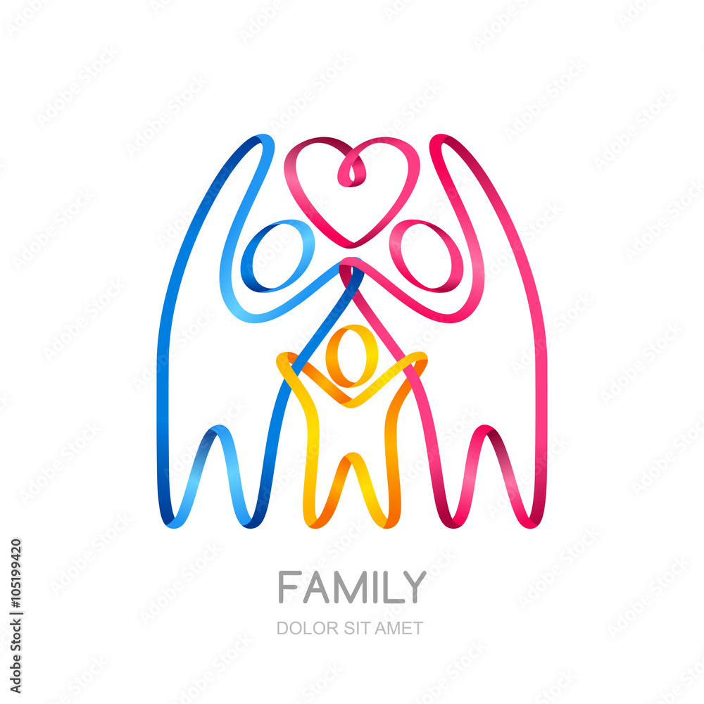 Fototapeta premium Abstract people silhouette made from colorful ribbon. Contour illustration of happy family or kids. Vector logo design template. Concept for charity, social network, partnership.