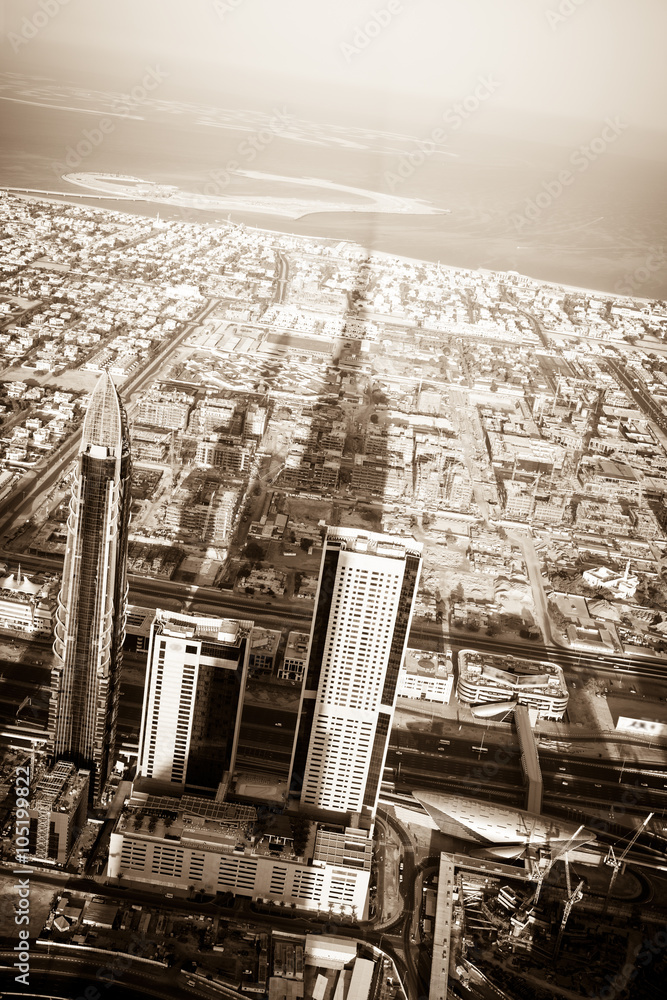 Dubai downtown morning scene. Top view