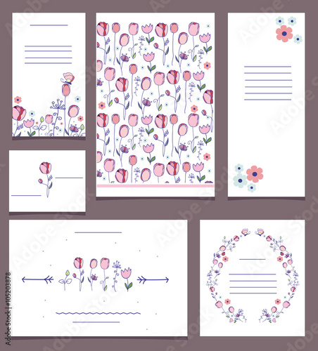 beautiful set of cards with flowers tulips for the holidays, greetings, wedding invitation