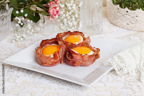 egg in a basket of bacon still life rural rustic Provence