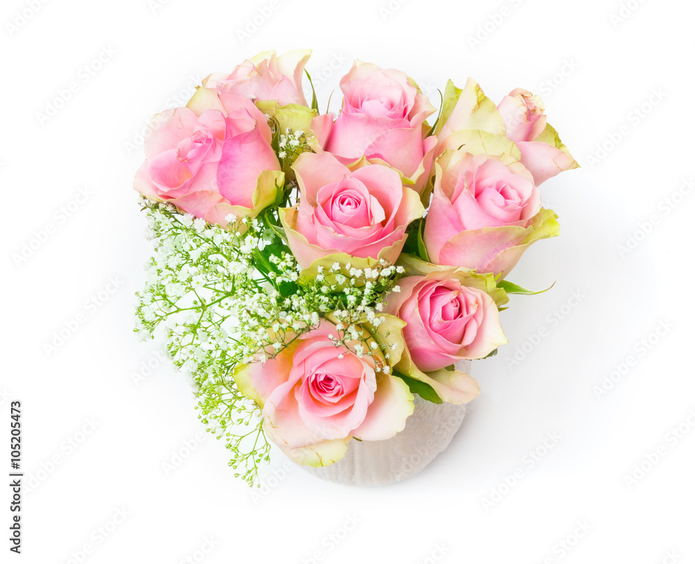 Pink roses and gypsophila in a vase, isolated