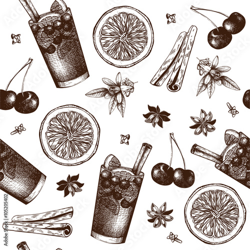Vector pattern with vintage alcoholic cocktails sketch. Ink hand drawn sangria and ingredients background for bar or restaurant menu