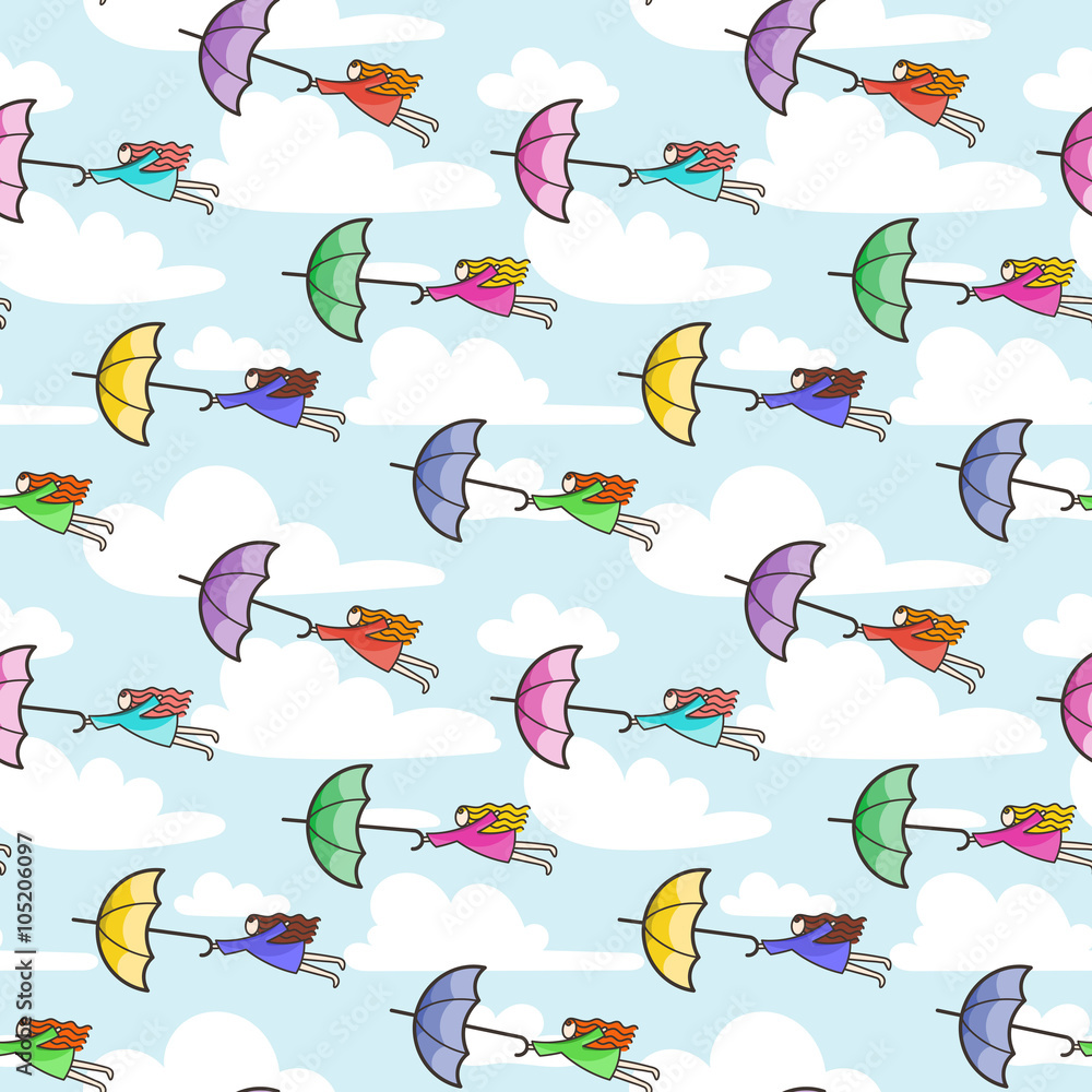 Fototapeta premium Vector seamless pattern with umbrellas flying at girls.