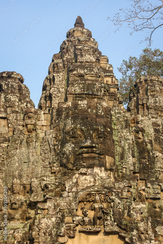 Decoration of the gate in the ancient city of Angkor, Cambodia