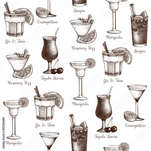 Vector seamless pattern with vintage alcoholic cocktails sketch. Ink hand drawn drinks and ingredients background for bar or restaurant menu