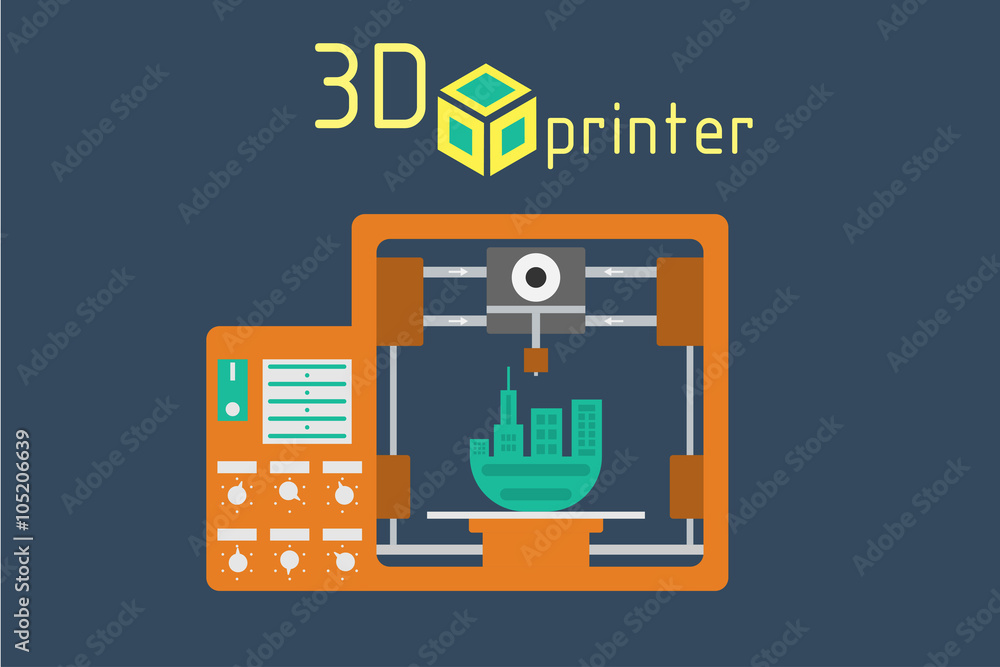 3d printer flat style on colored background 3d printer flat style on colored background