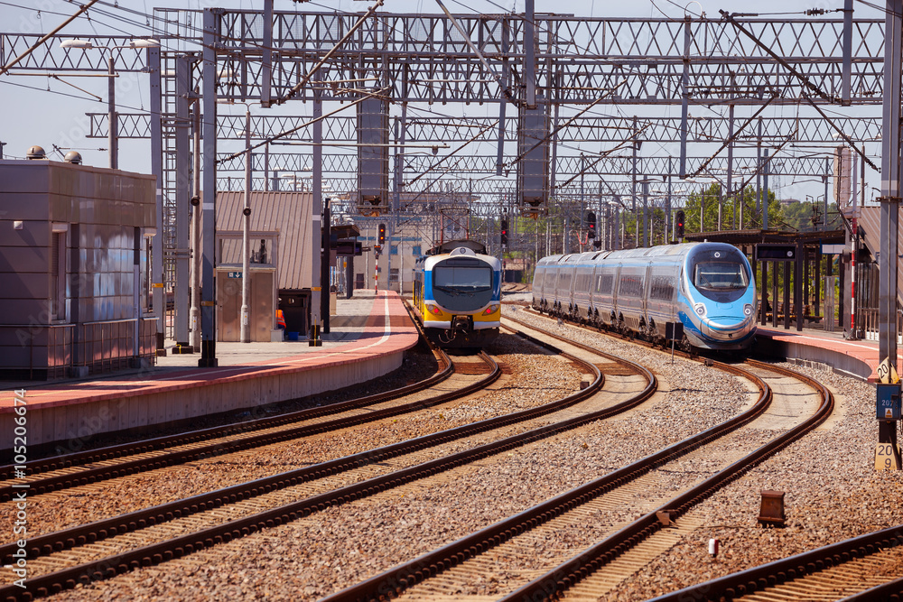 Train on the platform of railway station in Gdynia, Poland.