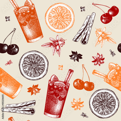 Photo Vector pattern with vintage alcoholic cocktails sketch
