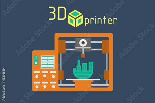 3d printer flat style on colored background 