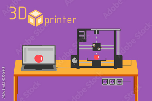 3d printer flat style on colored background 
