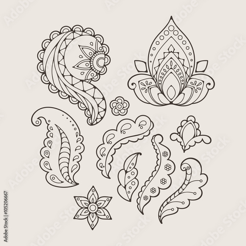Set of abstract flowers and paisley elements in Indian mehendi style. Template for mehndi ornaments.