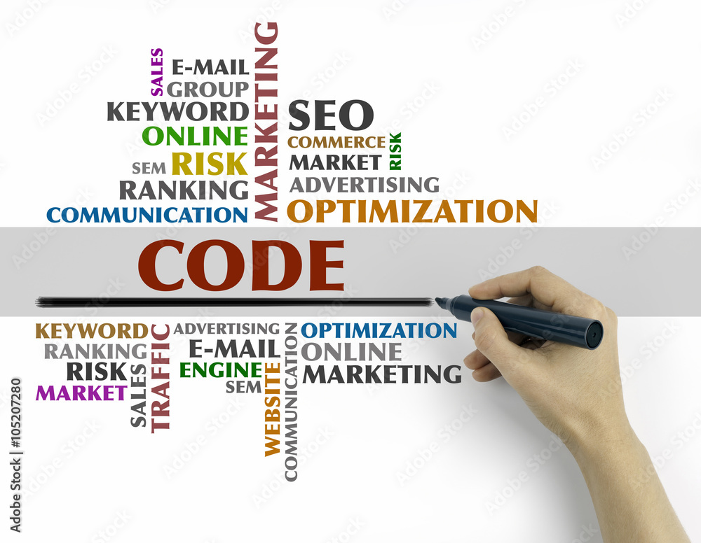 Hand with marker writing - Code word cloud, Business concept Hand with marker writing - Code word cloud, Business concept