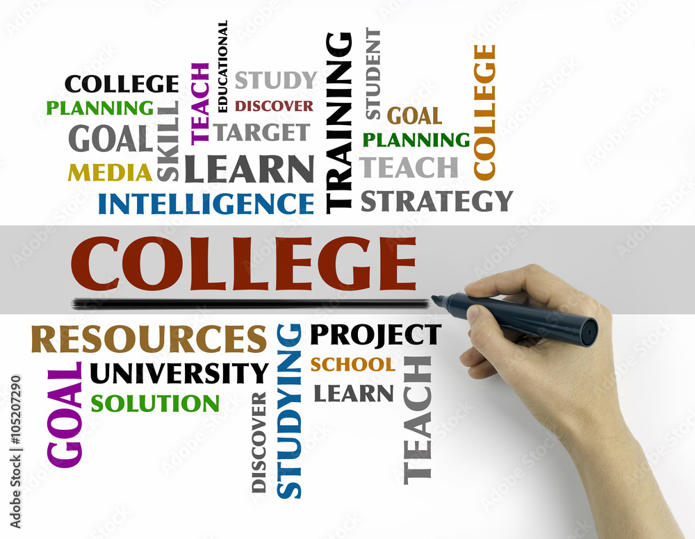 Hand with marker writing - COLLEGE word cloud, education concept Hand with marker writing - COLLEGE word cloud, education concept
