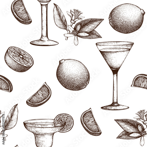 Vector seamless pattern with vintage alcoholic cocktails sketch with lime. Lime hand drawn drinks background for bar or restaurant menu isolated on white