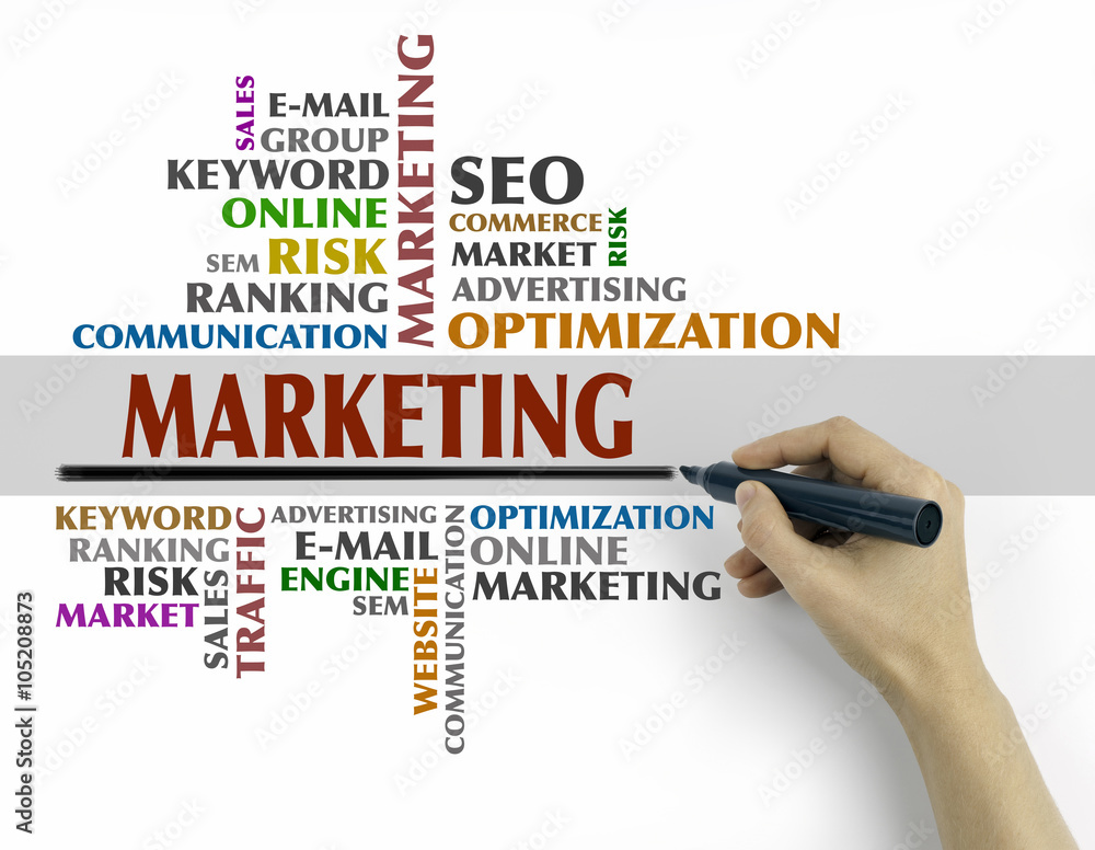 Hand with marker writing - Marketing word cloud, Business concep Hand with marker writing - Marketing word cloud, Business concep