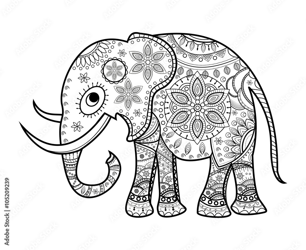 Black and white decorated elephant on white, elefante decorato ...