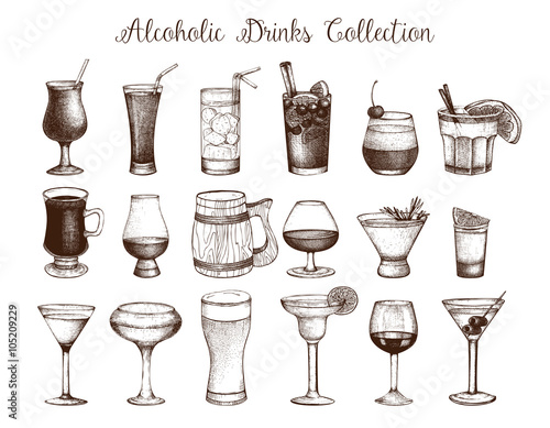 Big set of vintage alcoholic drinks sketch. Ink hand drawn beverage illustrations for bar or restaurant menu isolated on white background