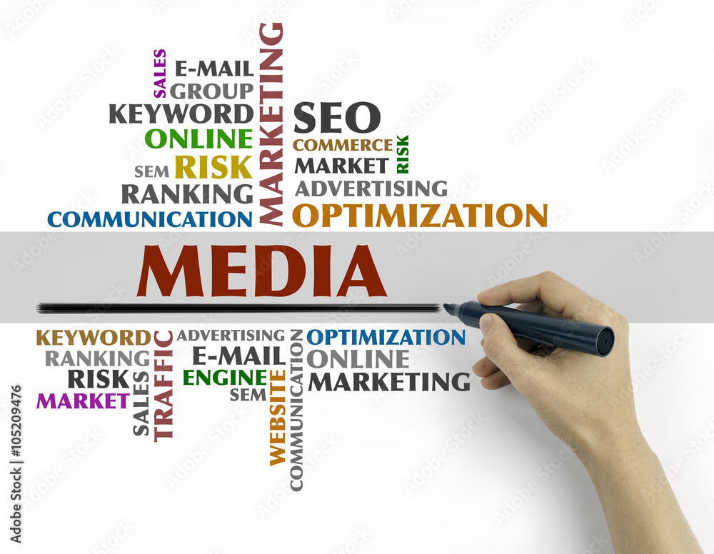 Hand with marker writing - Media word cloud, Business concept Hand with marker writing - Media word cloud, Business concept