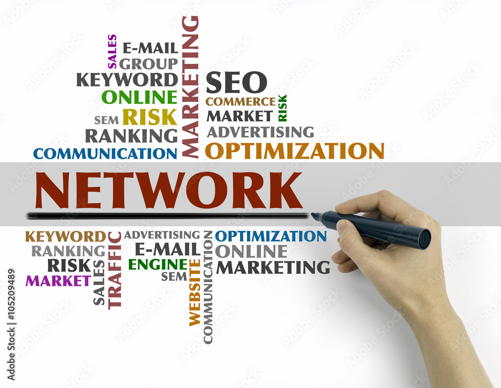 Hand with marker writing - Network word cloud, Business concept Hand with marker writing - Network word cloud, Business concept