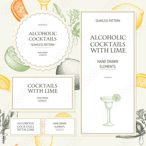 Vector seamless pattern with vintage alcoholic cocktails sketch with lime. Lime hand drawn drinks background for bar or restaurant menu isolated on white
