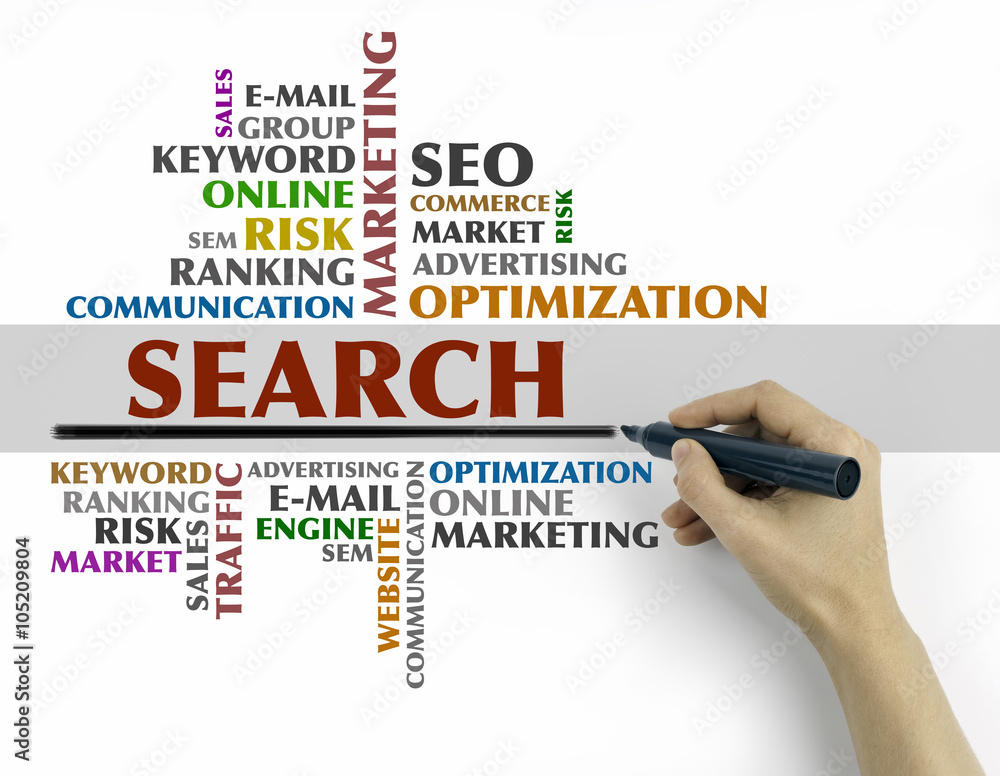 Hand with marker writing - Search word cloud, Business concept Hand with marker writing - Search word cloud, Business concept