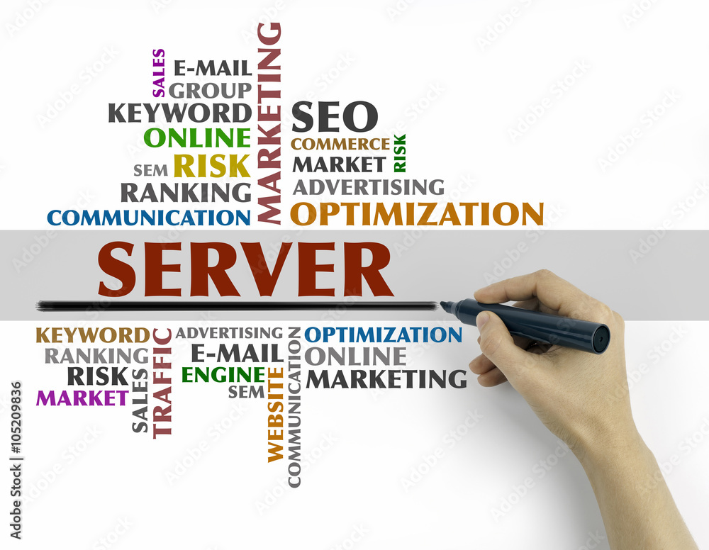 Hand with marker writing - Server word cloud, Business concept Hand with marker writing - Server word cloud, Business concept