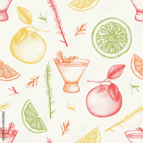 Vector seamless pattern with vintage alcoholic cocktails sketch. Ink hand drawn rosemary fizz background for bar or restaurant menu