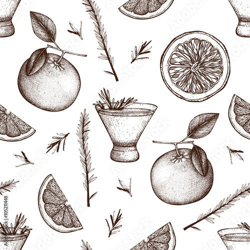 Vector seamless pattern with vintage alcoholic cocktails sketch. Ink hand drawn rosemary fizz background for bar or restaurant menu