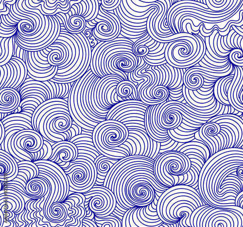 Abstract vector seamless pattern with curling blue lines, "handwritten with blue ink" effect