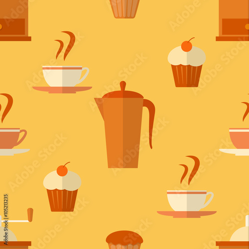 Flat seamless pattern with coffee items