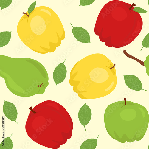 Seamless pattern with cartoon apples and pear
