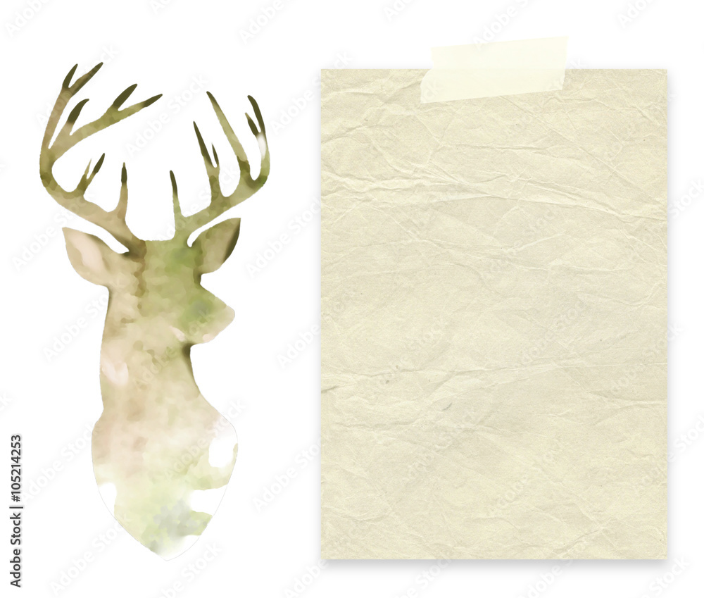 Obraz Close-up of one old paper sheet with tape next to watercolour deer silhouette background