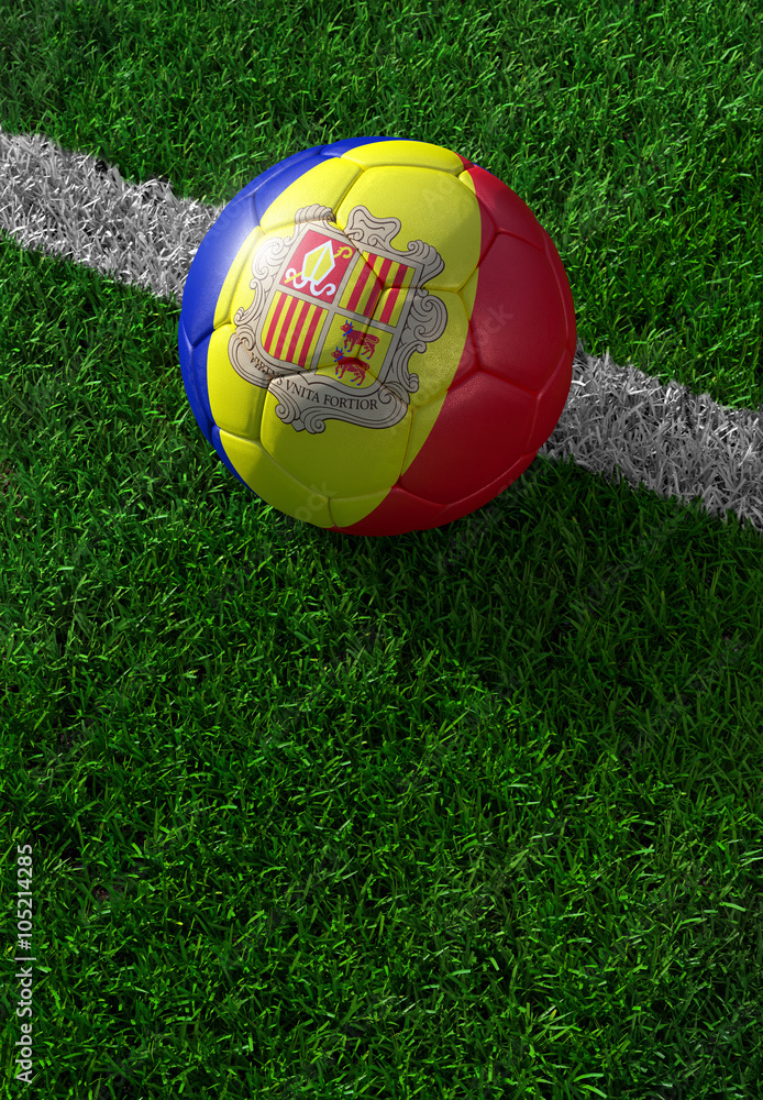Soccer ball and national flag of Andora, green grass Soccer ball and national flag of Andora, green grass
