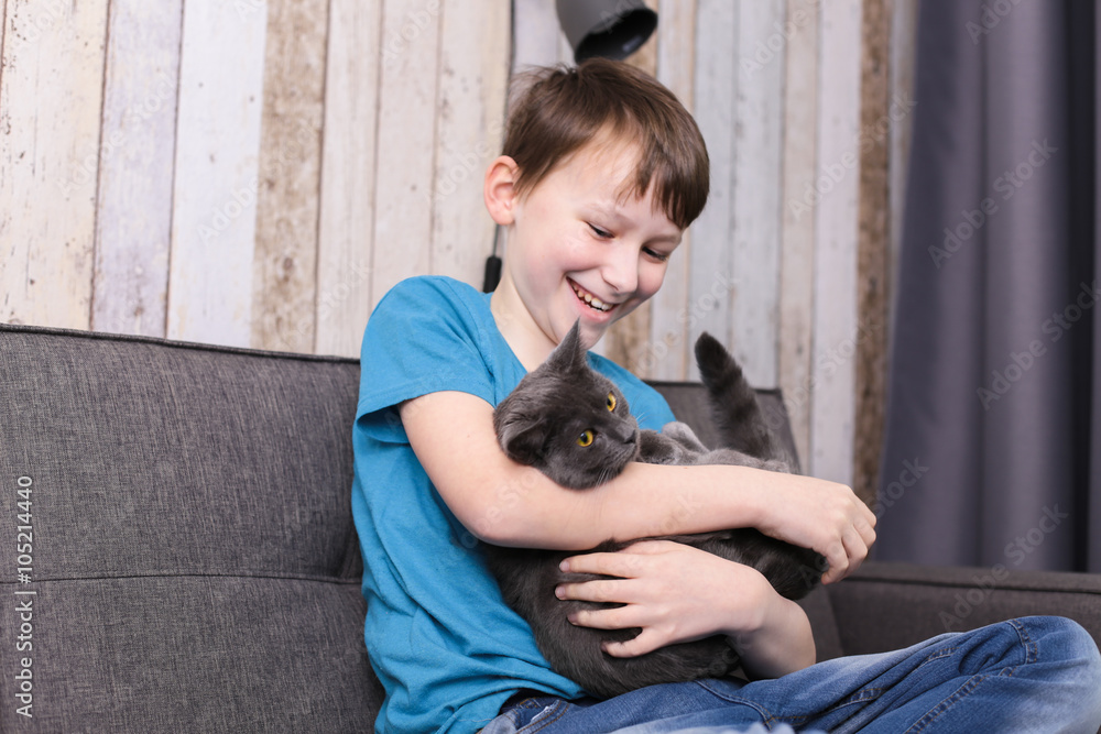 Junge spielt mit der Katze Junge spielt mit der Katze