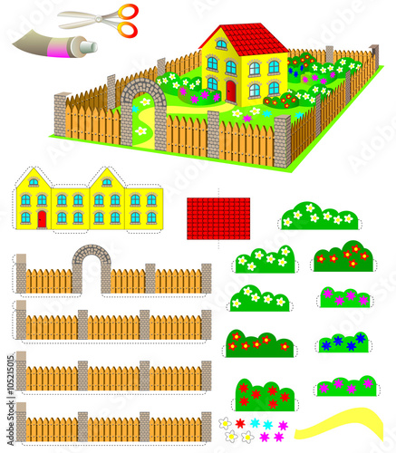 Template with exercise for children. Using scissors and glue need to make toy house with garden. Developing skills for cutting and handwork. Vector image.