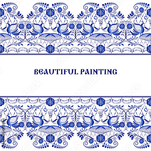 Gzhel style background. Border pattern of Chinese or Russian porcelain painting.