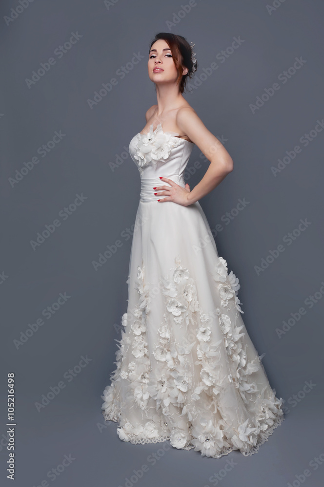 Elegant bride with short hair updo and bare shoulders dress Elegant bride with short hair updo and bare shoulders dress